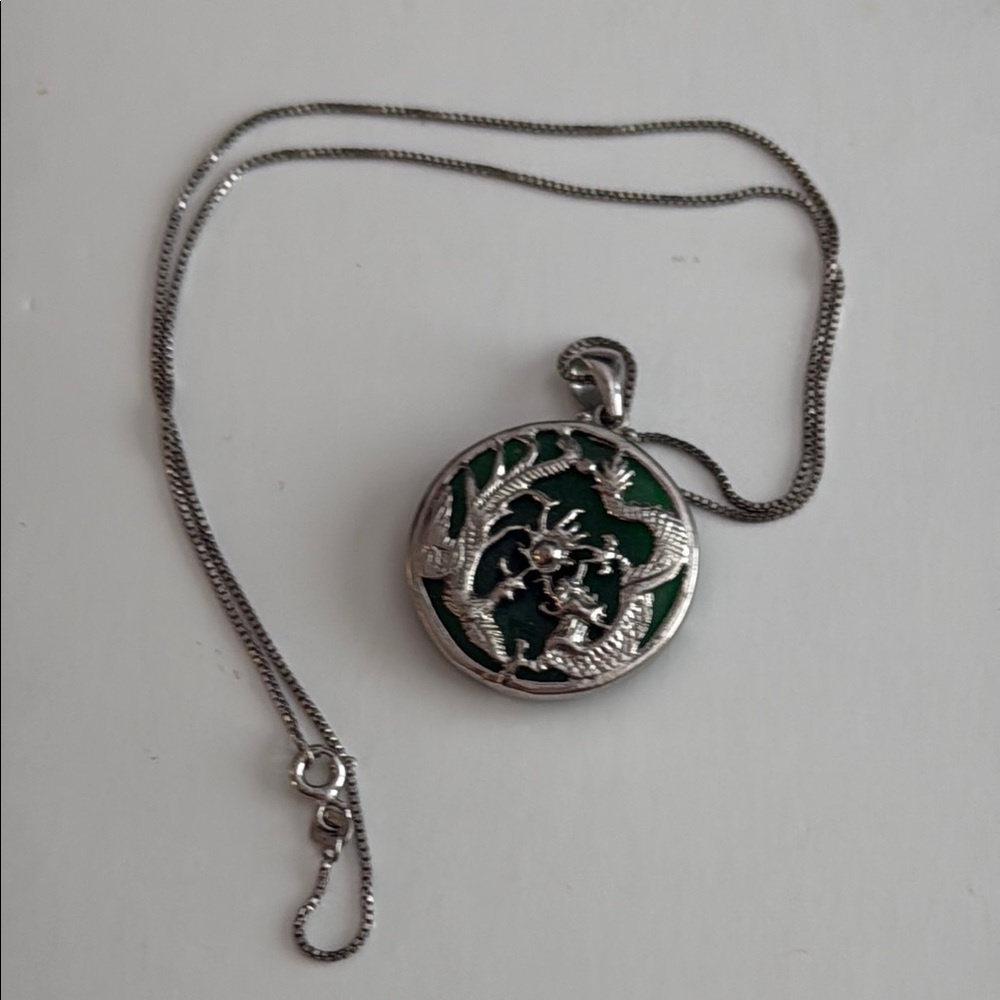 Green Jade Dragon and Phoenix Pendant Necklace 19" Plated Chain Amulet Charm